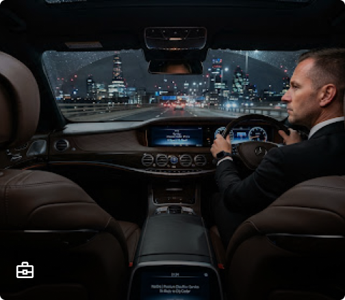 Chauffeur driving through a city at night, viewed from the back seat
